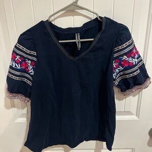 Anthropologie Navy Top with Red and White Embroidery